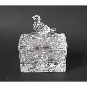 Vintage Crystal Trinket Box Song Bird Lidded Crystal Trinket Box Etched Crystal
